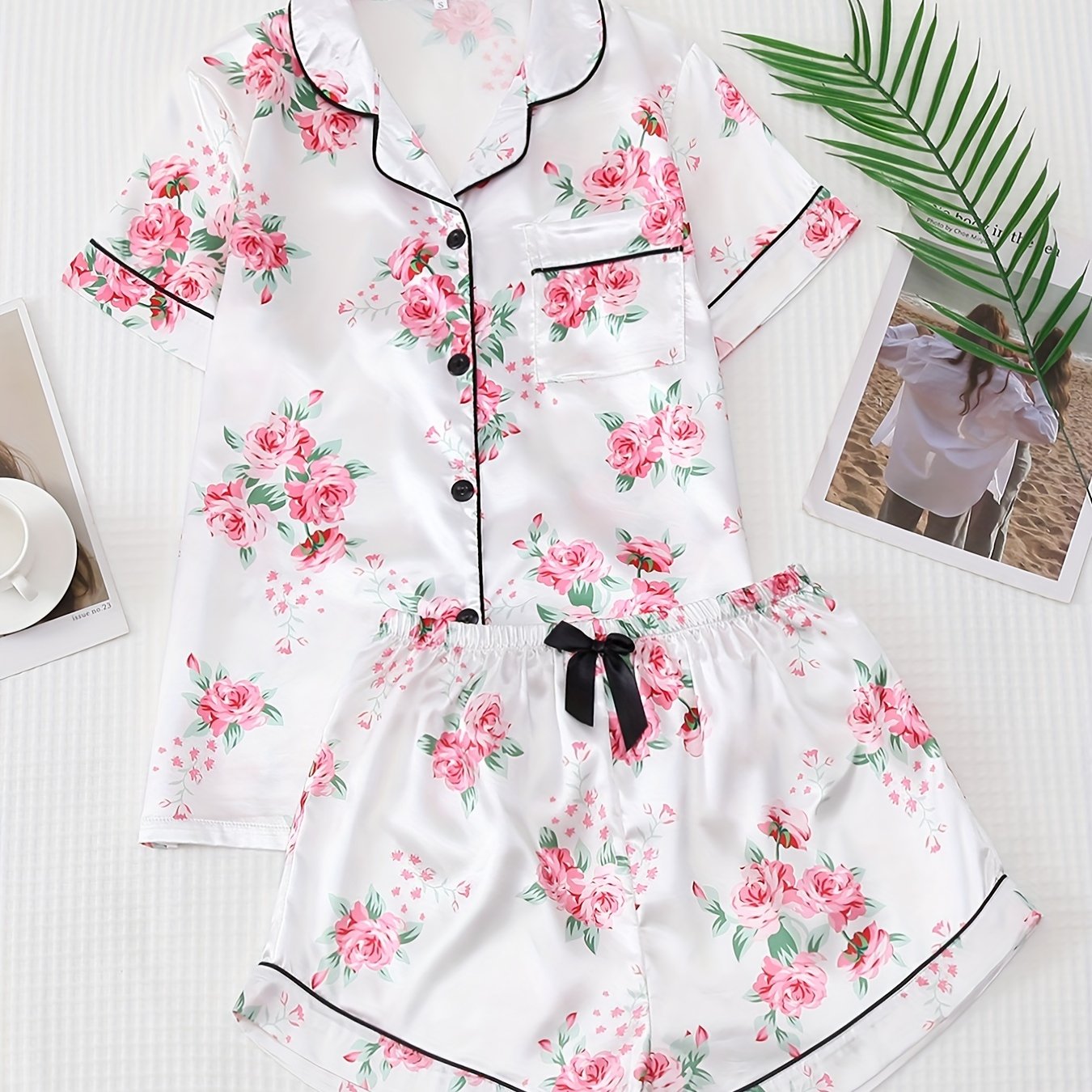 Floral Print Pajama Set Short Sleeve Top & Bow Shorts