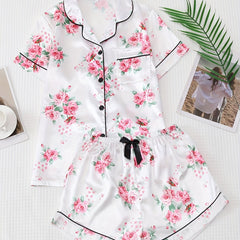 Floral Print Pajama Set Short Sleeve Top & Bow Shorts