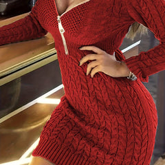 Solid Cable Long Sleeve V Neck Sweater Dress