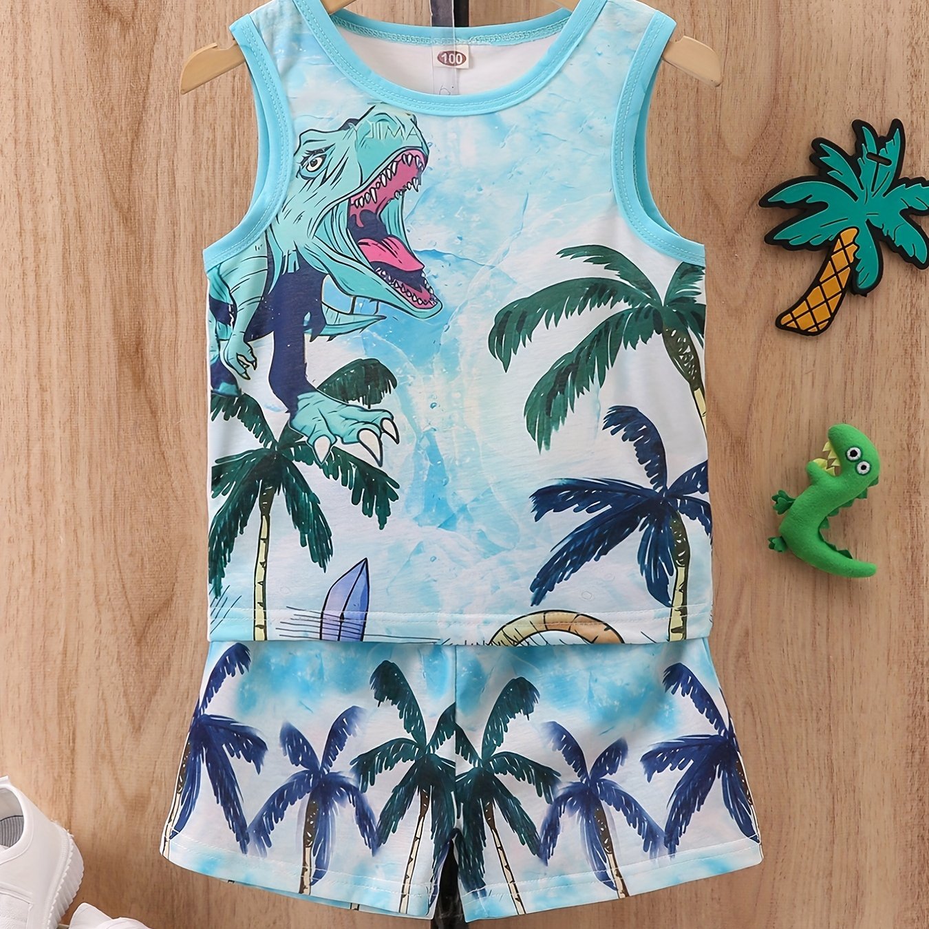 Boys Dinosaur & Coconut Tree Tank Top & Shorts Set for Summer