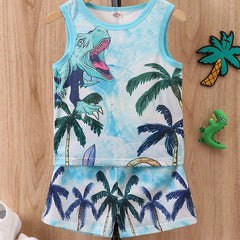 Boys Dinosaur & Coconut Tree Tank Top & Shorts Set for Summer