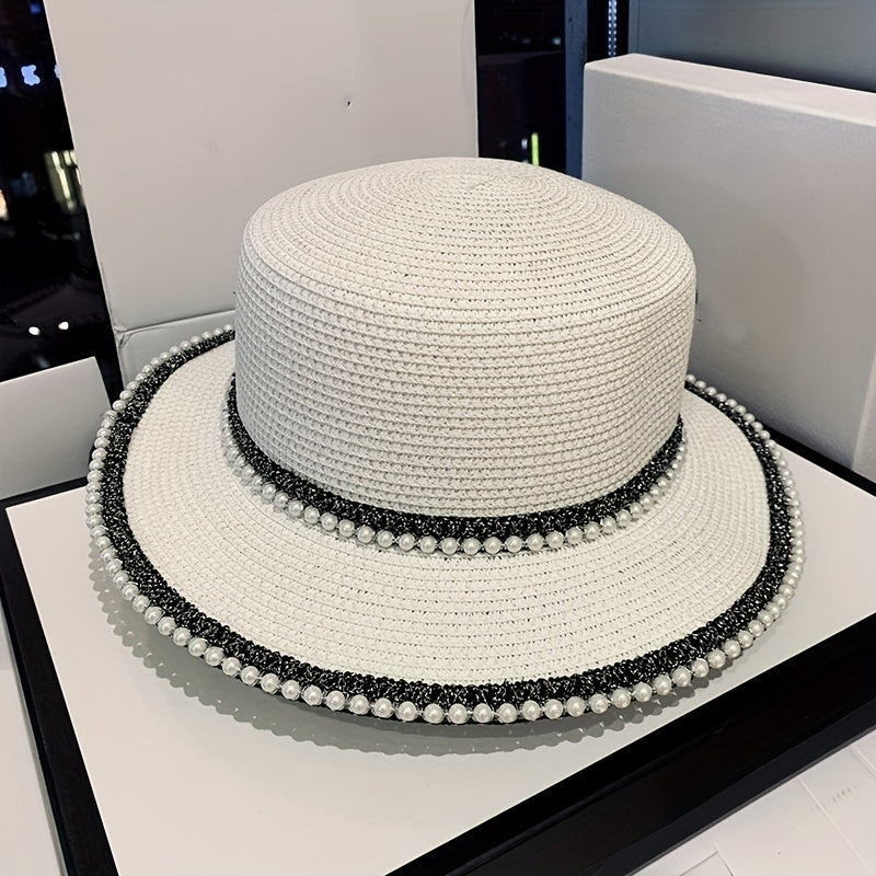 Faux Pearl Decor Sun Hat Flat Short Brim French Style Travel Beach Hat Women