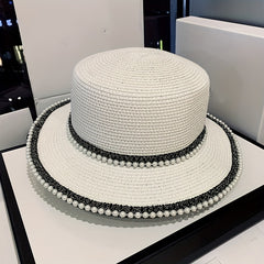 Faux Pearl Decor Sun Hat Flat Short Brim French Style Travel Beach Hat Women