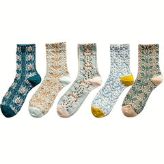 5 Pairs Floral Print Socks Ethnic Style Crew Socks Women's Stockings