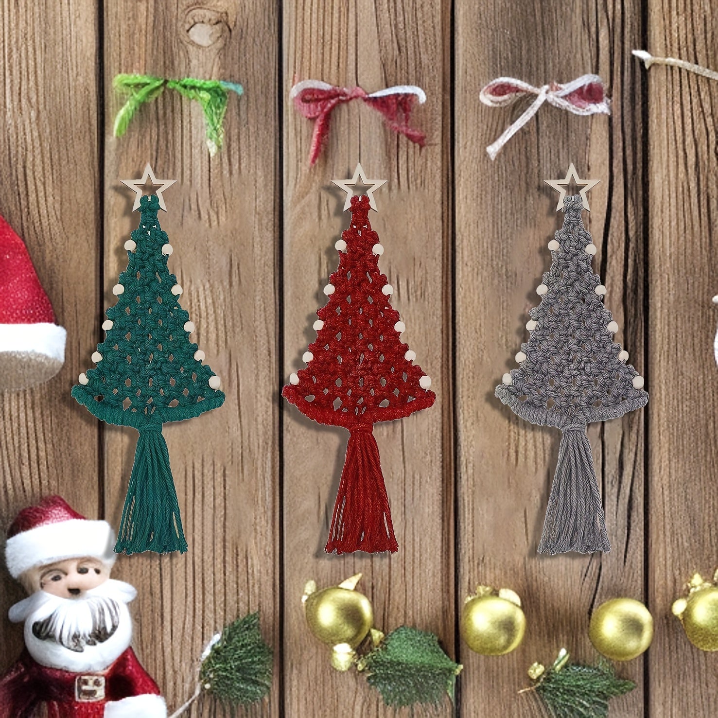 3pc Christmas Tree Macrame DIY Kit Holiday Wall Hanging Decoration