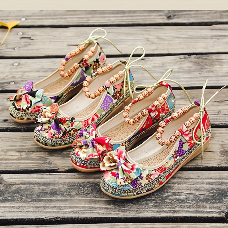 Tribal Style Beading Flat Shoes Retro Floral Print Bowknot Walking Shoes