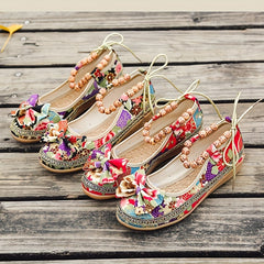 Tribal Style Beading Flat Shoes Retro Floral Print Bowknot Walking Shoes