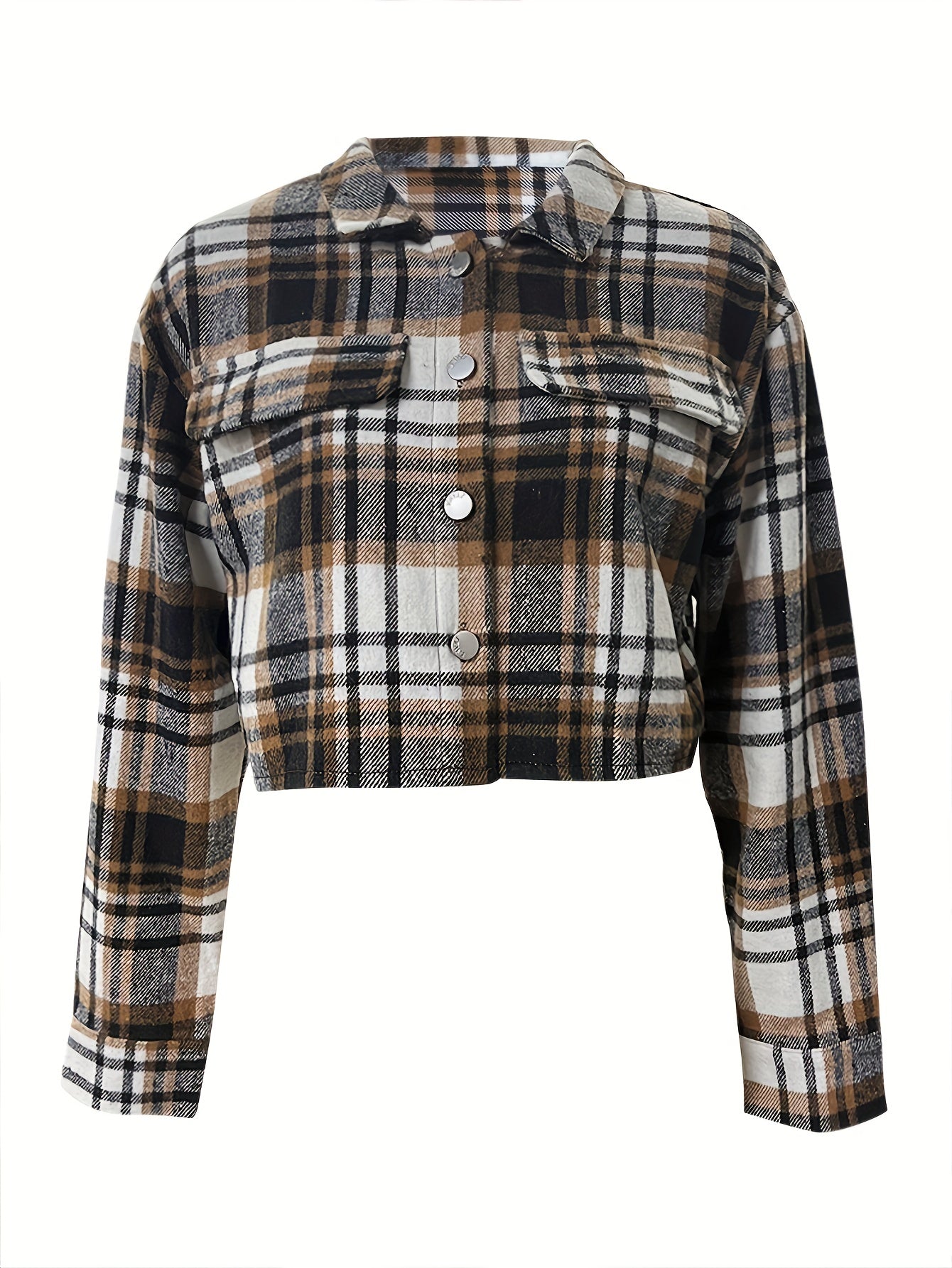 Plaid Print Cropped Jacket Button Front Long Sleeve Outerwear