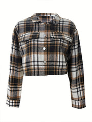 Plaid Print Cropped Jacket Button Front Long Sleeve Outerwear