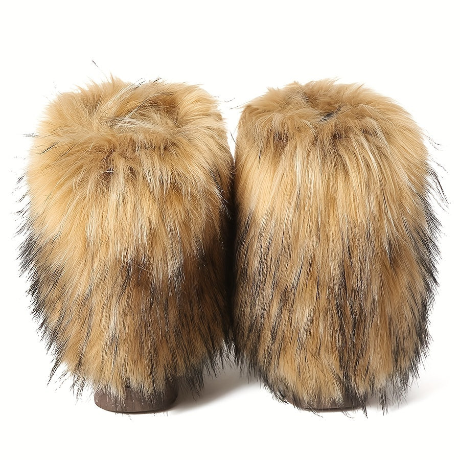 Women's Fluffy Furry Snow Boots Slip On Mid Calf Boots