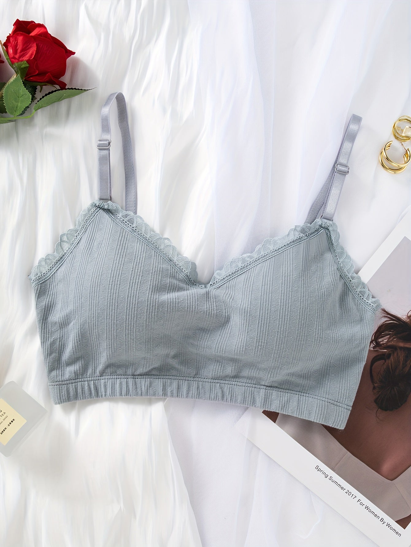 3pcs Lace Trim Wireless Bras Comfy & Breathable Underwear