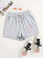 Smile Face Print Yoga Shorts Drawstring Waist Casual Summer Spring