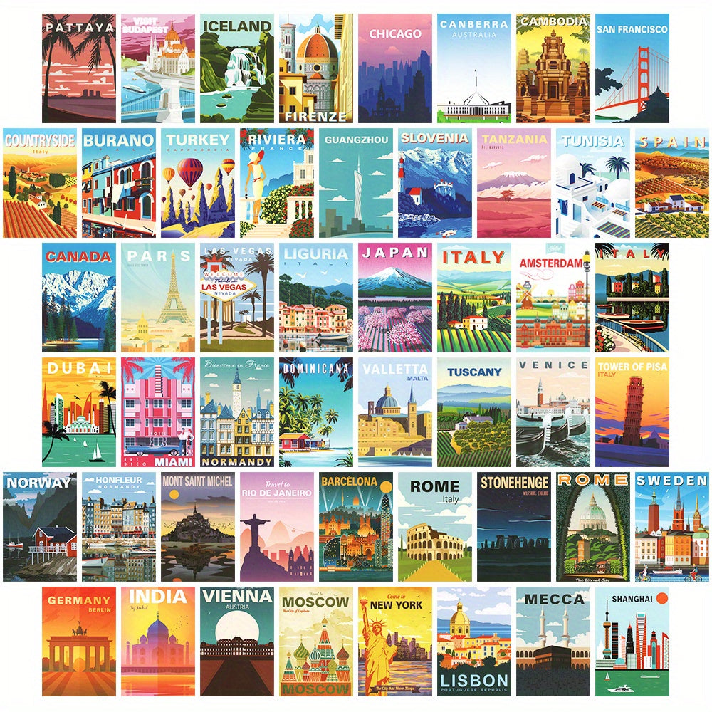 Vintage Travel Cities Poster Set for Wall Collage, 50 Pcs