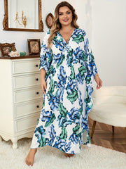 Tropical Print V Neck Maxi Beach Cover Up Dress