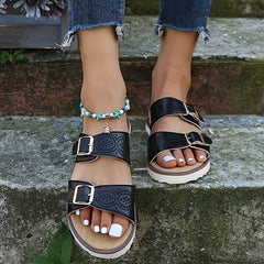 Women's Double Buckle Strap Slides Open Toe Hollow Out Flat Shoes