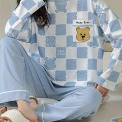 Bear Print Pajama Set Long Sleeve Plaid Top & Lounge Pants