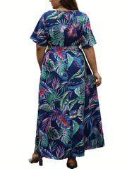 Feather Print Maxi Dress With Pockets