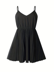 V-Neck Summer Dress Solid Color Pleated
