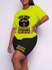 Women's Plus Figure & Slogan Print Top & Shorts Set
