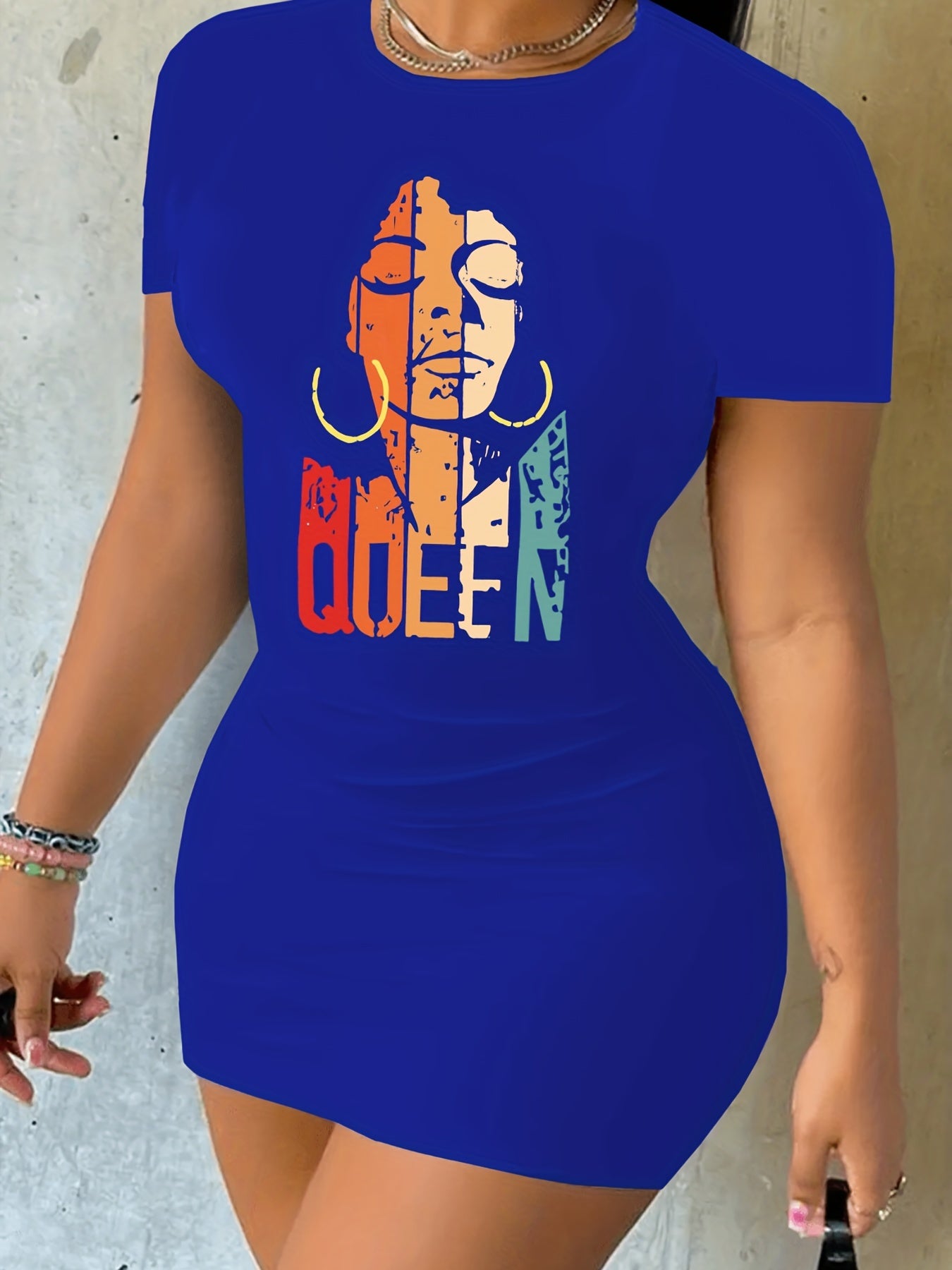 Queen Print Slim Dress Sexy Crew Neck Short Sleeve Women's Clothing