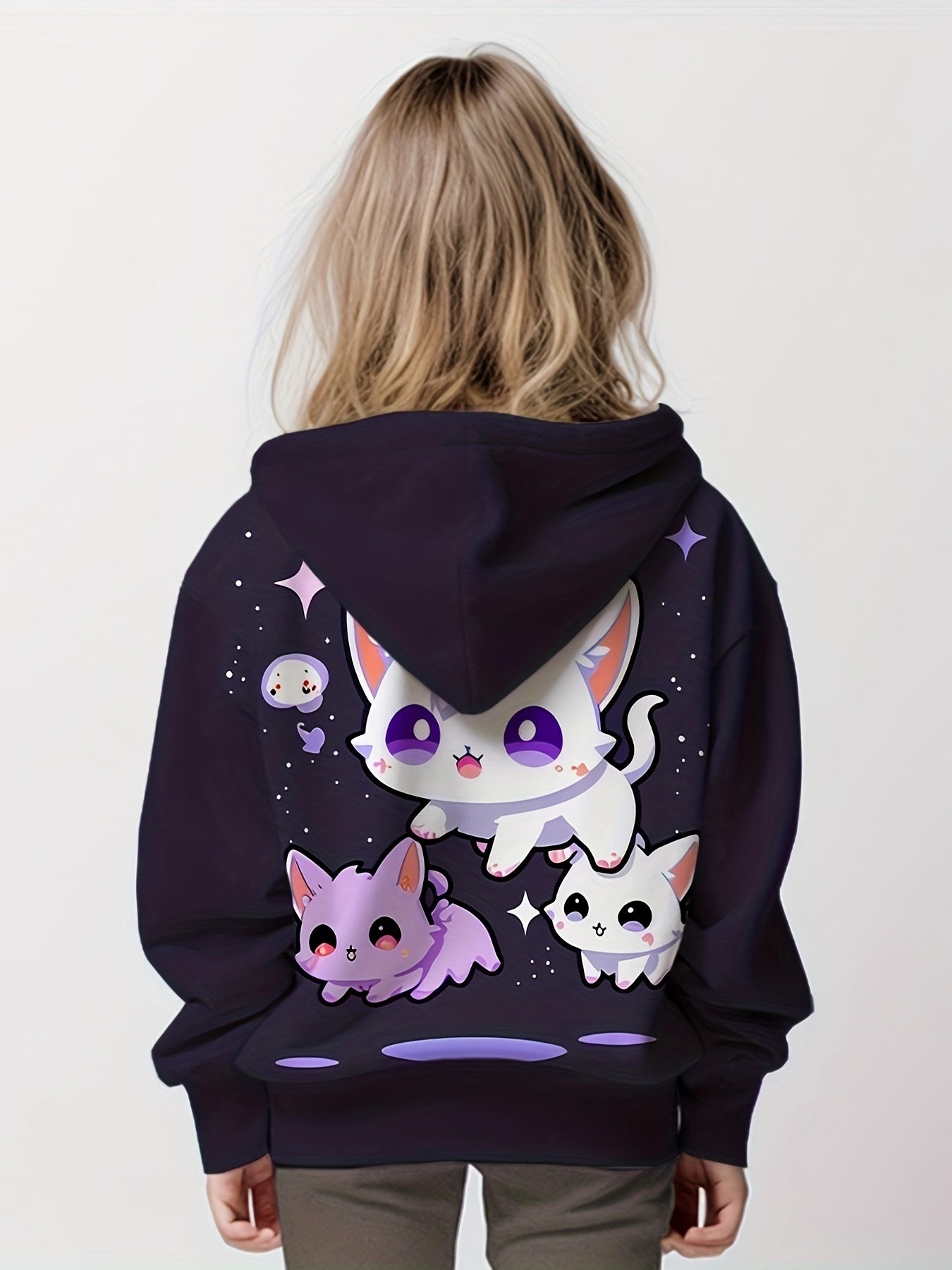 Starry Kitties Graphic Hoodies Girls Comfy Hooded Pullover