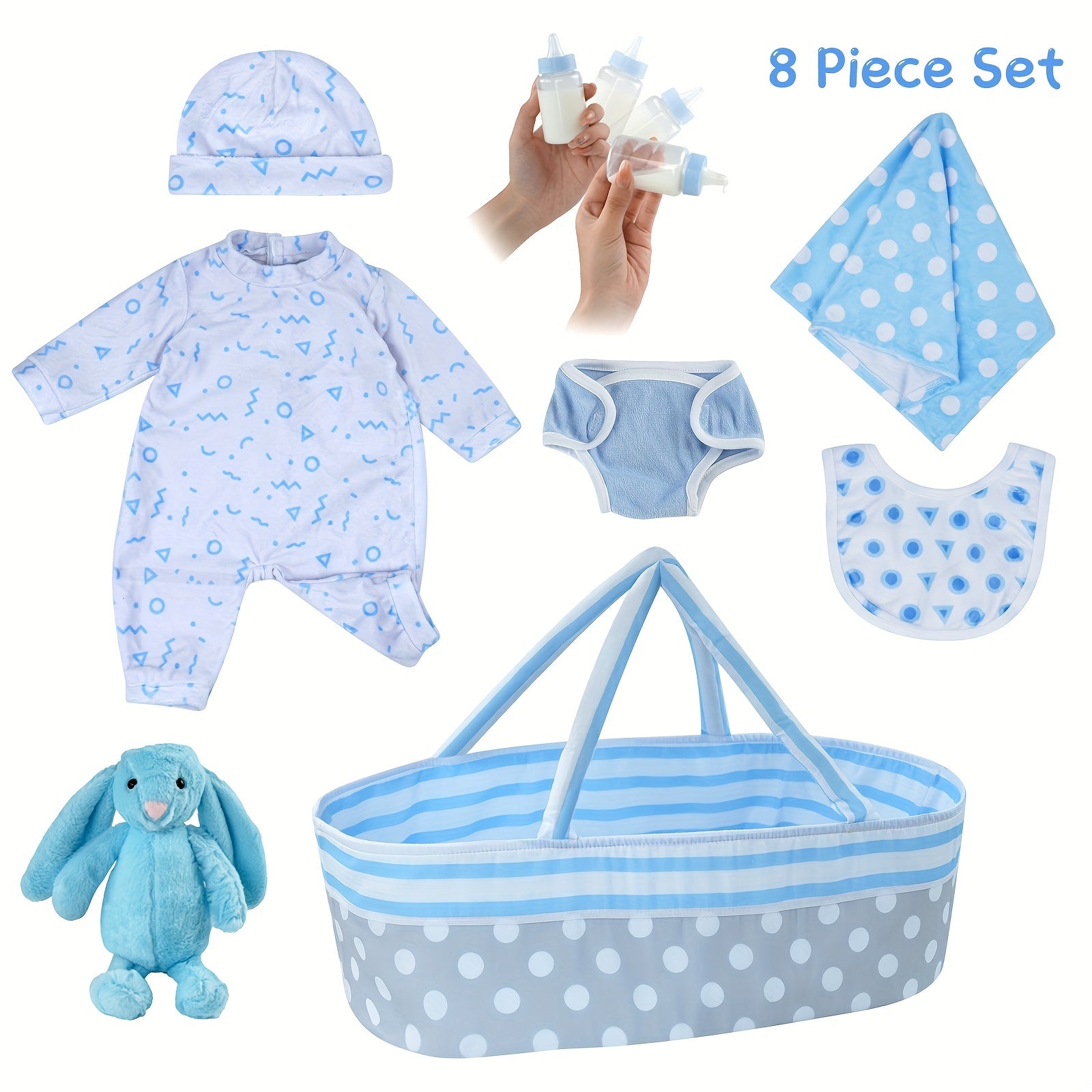 8pcs Reborn Baby Doll Accessories With Basket for 43-55 Baby Doll Clothes Outfit