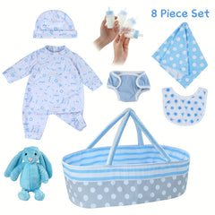 8pcs Reborn Baby Doll Accessories With Basket for 43-55 Baby Doll Clothes Outfit