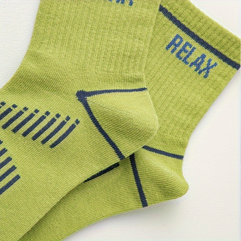 5 Pairs Boy's Striped Letter Crew Socks Cotton Blend Comfy Casual Style