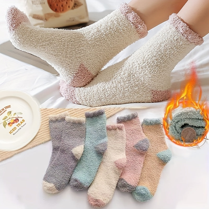 5 Pairs Colorblock Fuzzy Socks Soft & Warm Women's Mid Tube Stockings