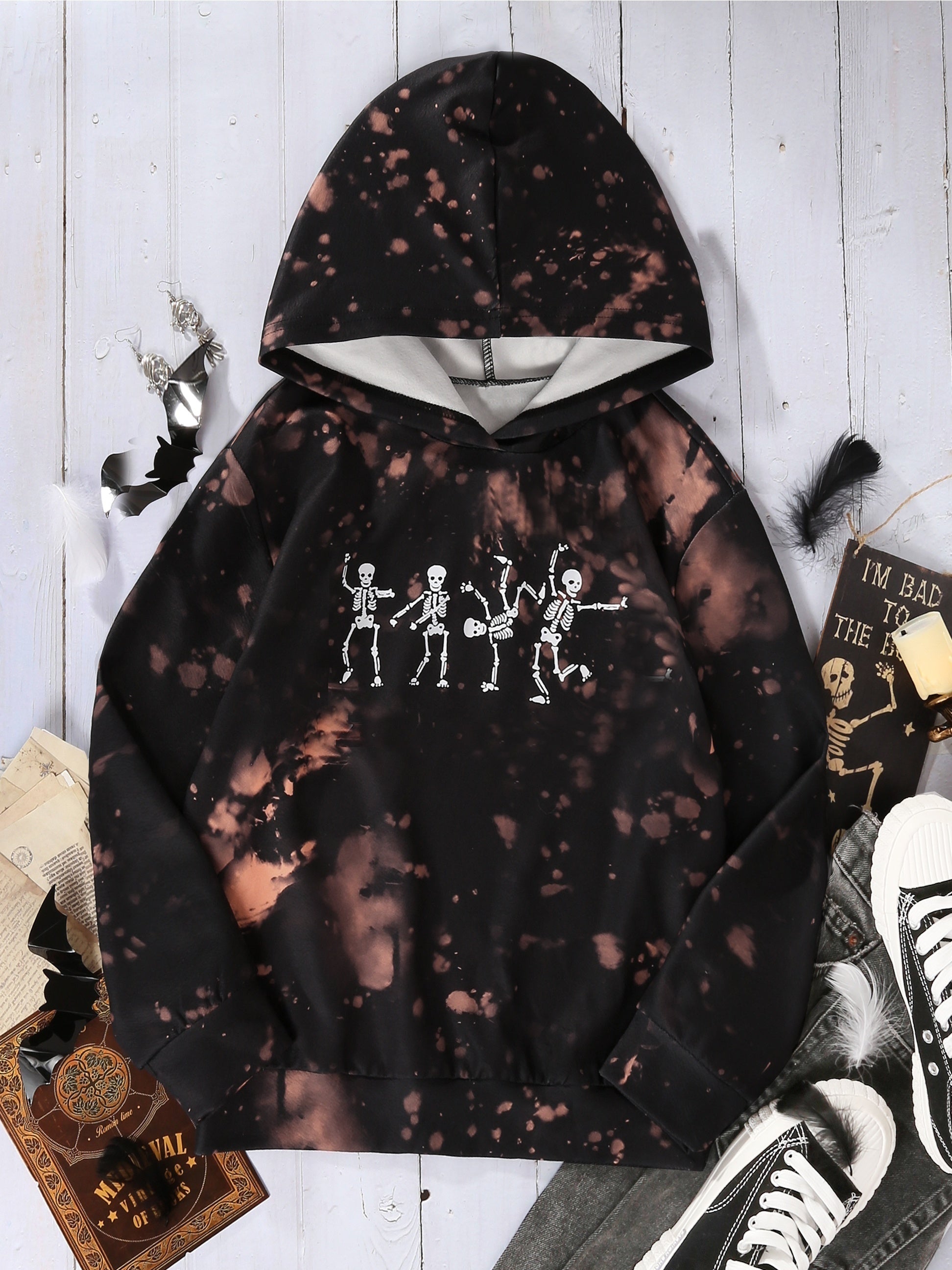 Tie Dye Skulls Hoodie Girls Halloween Long Sleeve Hooded Top