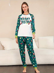 Cartoon Print Christmas Pajama Set Long Sleeve Crew Neck Top