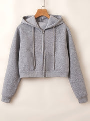 Drawstring Crop Hoodie Zip Up Long Sleeve