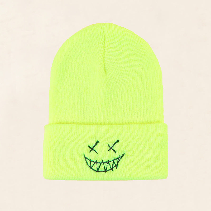 Smile Face Embroidery Beanie Hat Unisex Slouchy Ski Beanie Cap