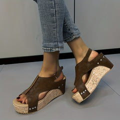 Women's Platform Wedge Sandals Cutout Peep Toe Hook & Loop Slingback