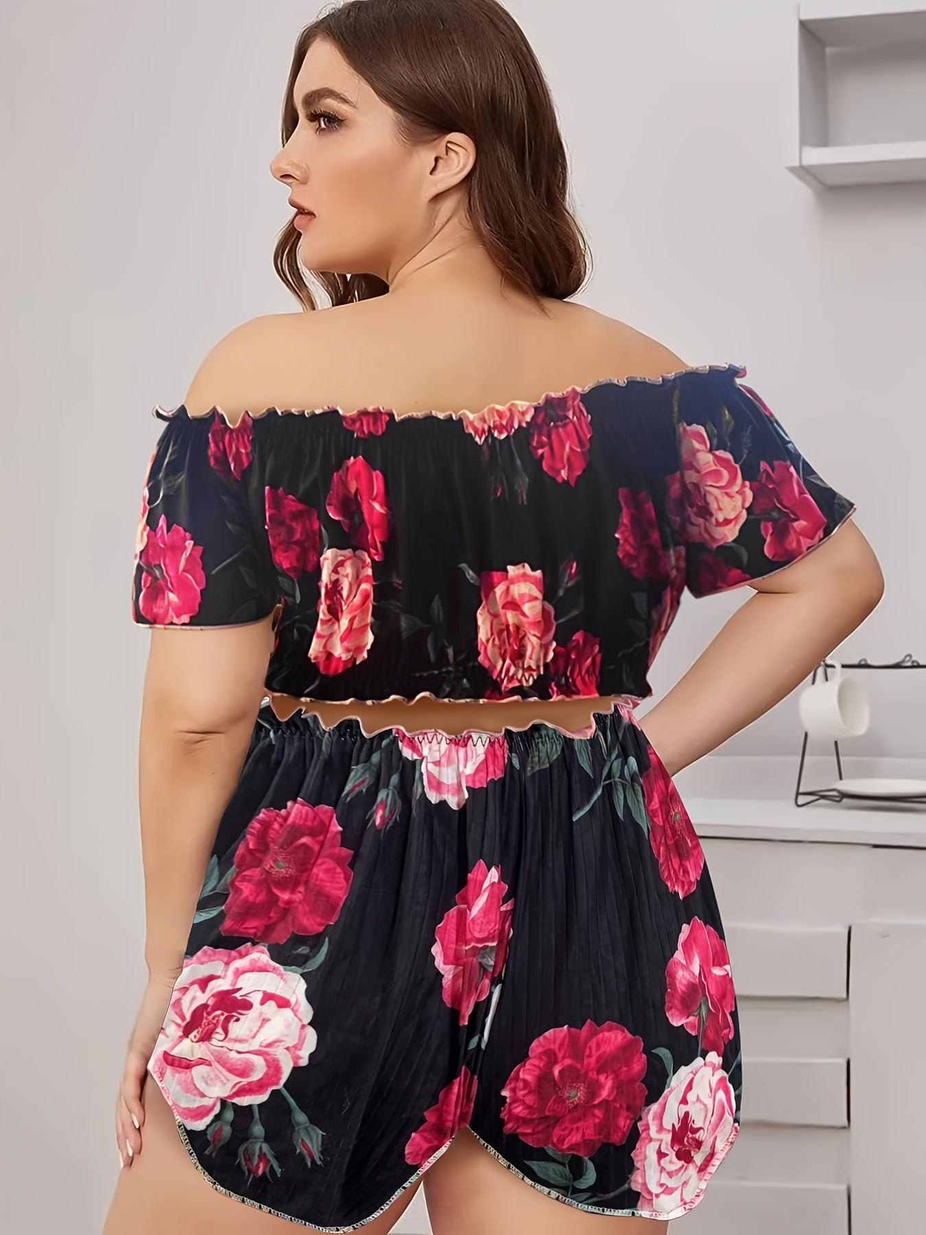 Rose Print Off Shoulder Crop Top & Shorts Pajama Set