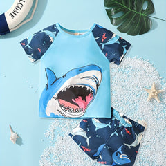 Boys Shark Print Swimsuit Set Short Sleeve Shirt & Swim Trunks