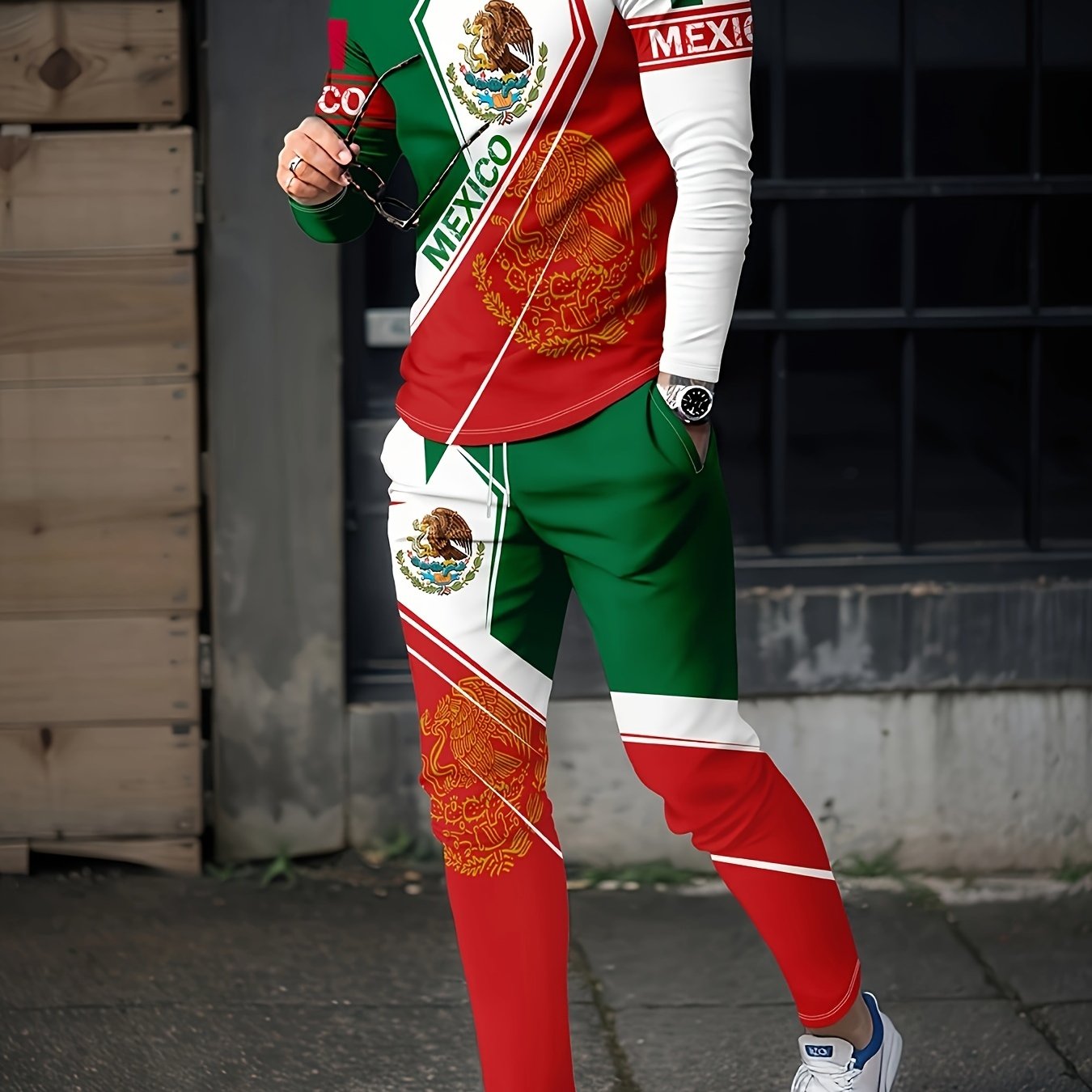Mexico Eagle Pattern Men's 2 Piece Outfits Long Sleeve T-shirt & Sweatpants Set