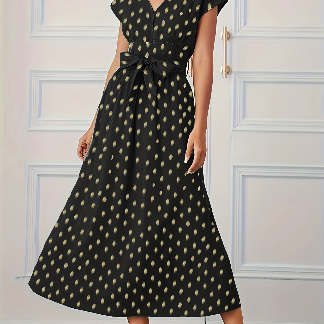 Plus Dot Print Cap Sleeve V Neck Maxi Dress With Belt