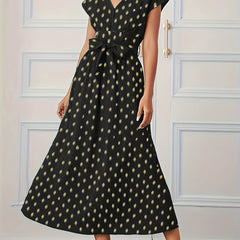 Plus Dot Print Cap Sleeve V Neck Maxi Dress With Belt