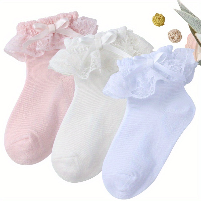 Girls Lace Brim Socks Bow Decor Knit Crew Socks