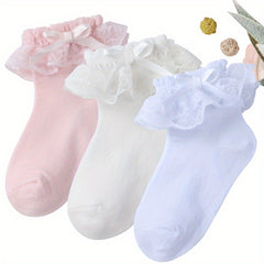 Girls Lace Brim Socks Bow Decor Knit Crew Socks