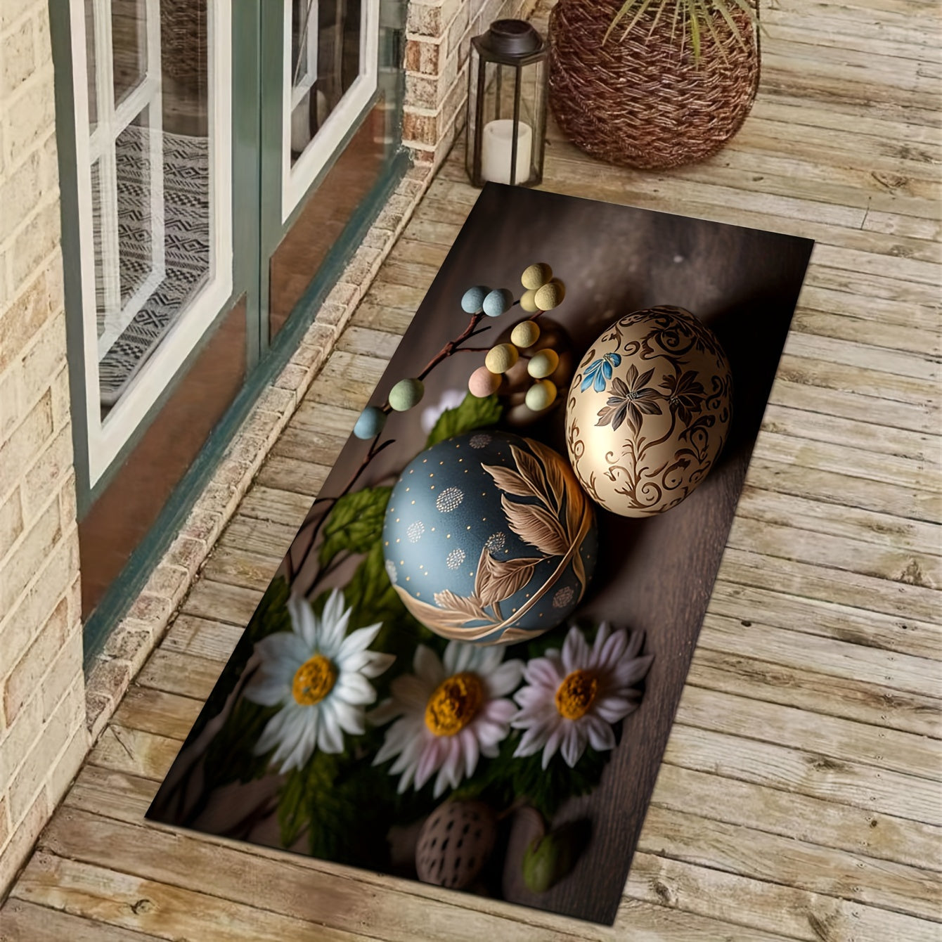 Flower & Egg Pattern Machine Washable Kitchen Rug
