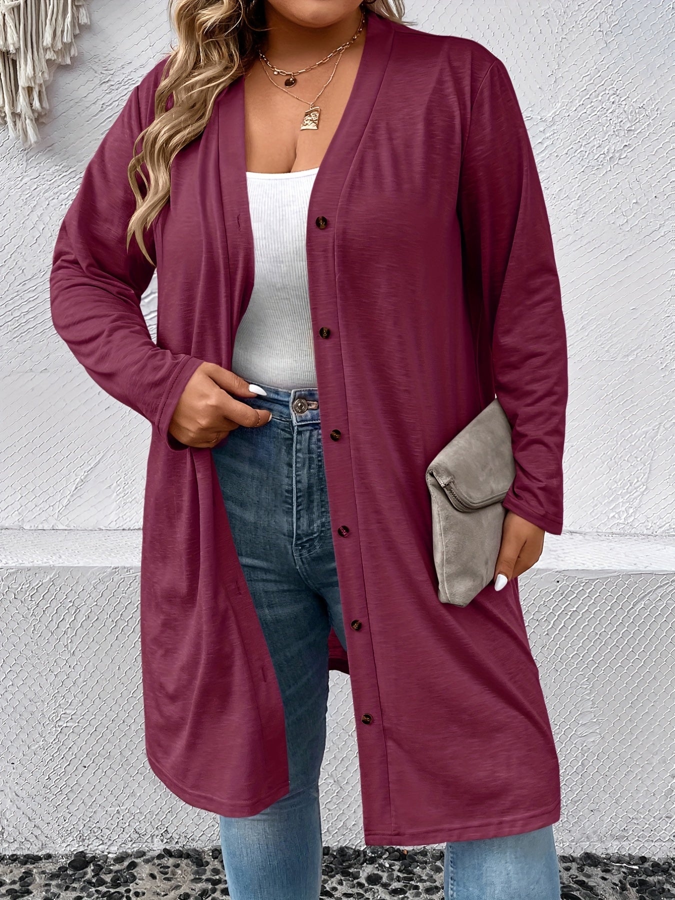 Women's Plus Solid Button Up Long Sleeve Cardigan