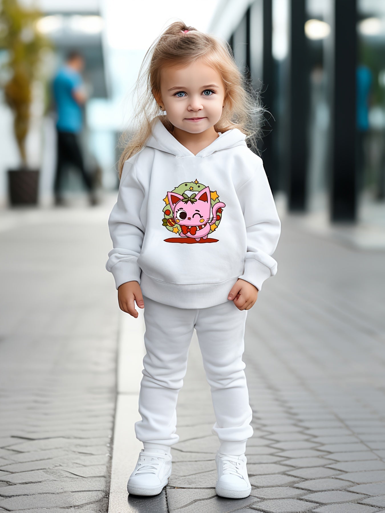 Winking Kitty Print Hoodies Pants Set For Kids Fall Sports