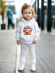 Winking Kitty Print Hoodies Pants Set For Kids Fall Sports