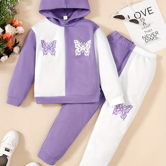 Girls Butterfly Print Hoodie & Sweatpants 2pcs Set for Spring & Autumn