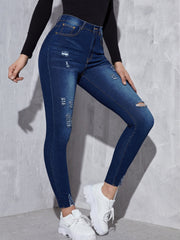 Navy Distressed Denim Pants High Rise Skinny Jeans