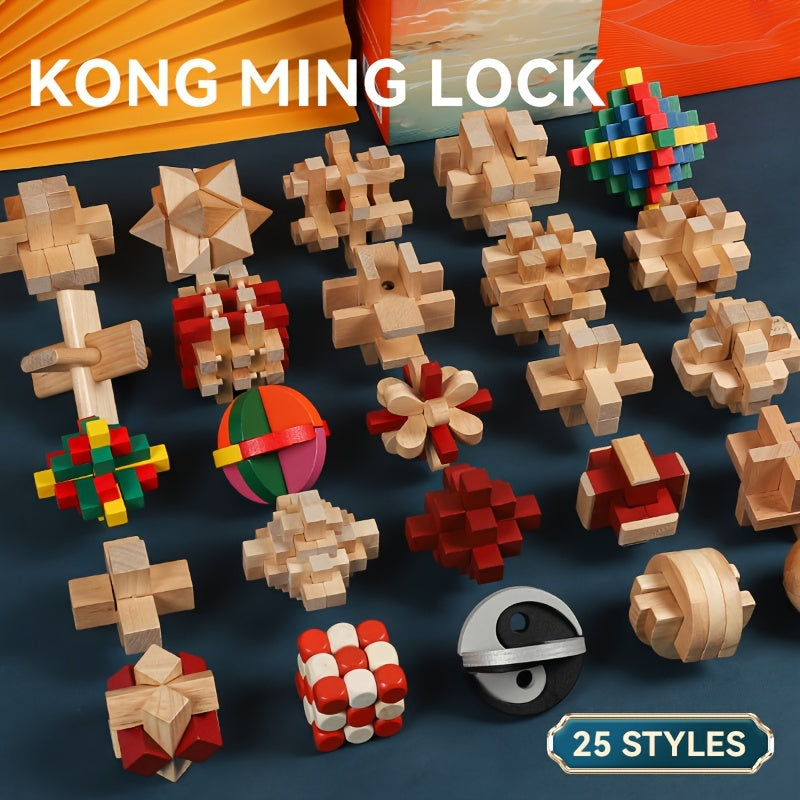 25pcs Luban Lock Colorful Puzzle Toy Beech Kongming Lock Full Set Puzzle Assembl