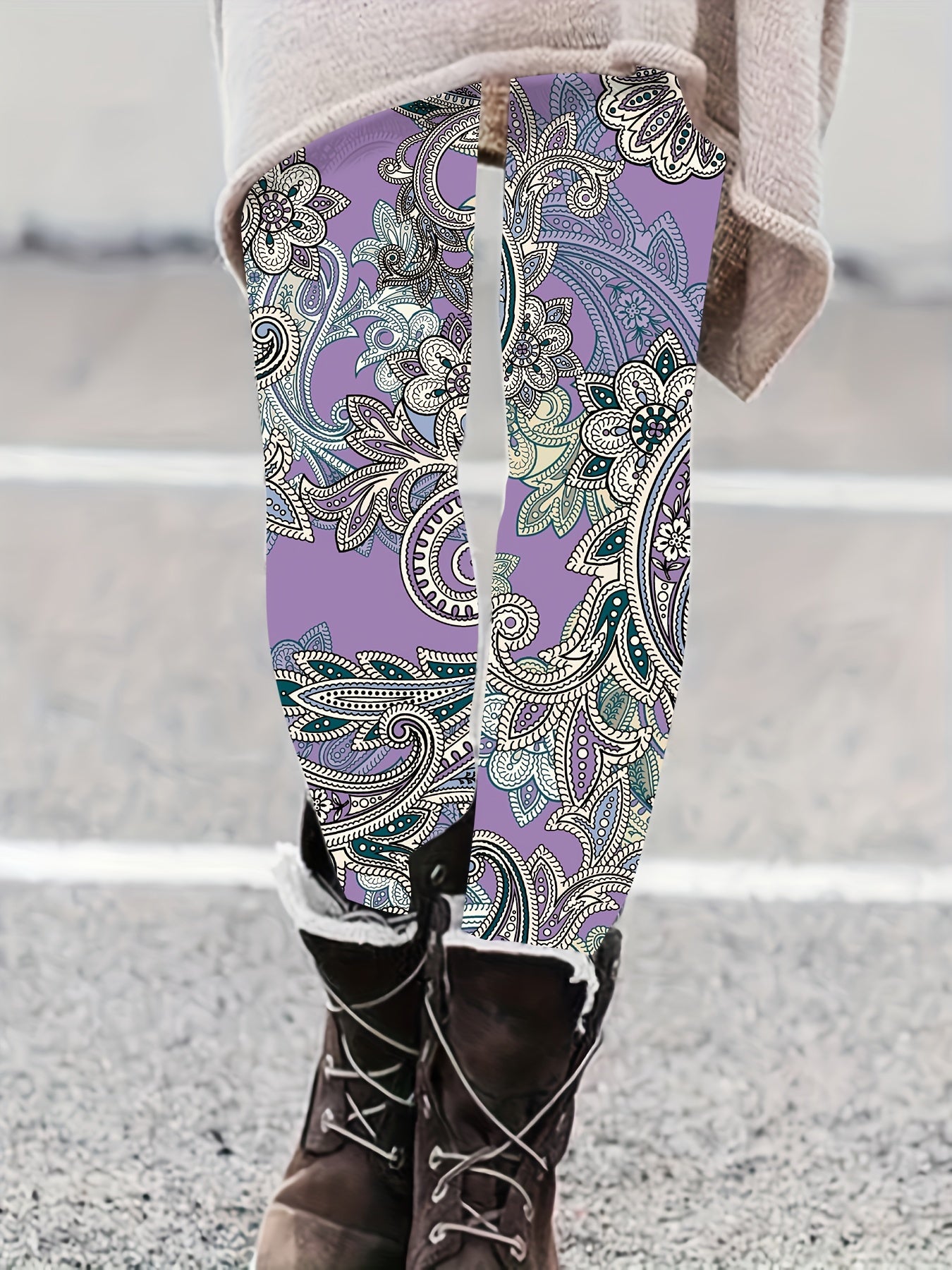 Boho Paisley Floral Print High Rise Plus Size Leggings