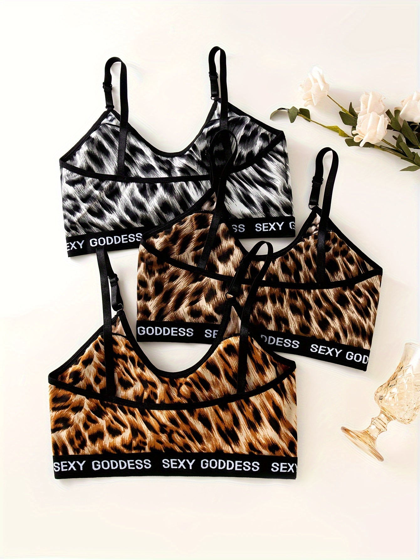 3 Pcs Leopard Print Wireless Bra Stretch Push Up Everyday Lingerie